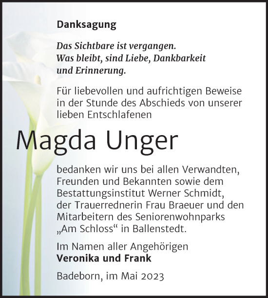 Traueranzeige von Magda Unger von Trauerkombi Quedlinburg
