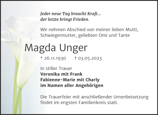 Traueranzeige von Magda Unger von Trauerkombi Quedlinburg