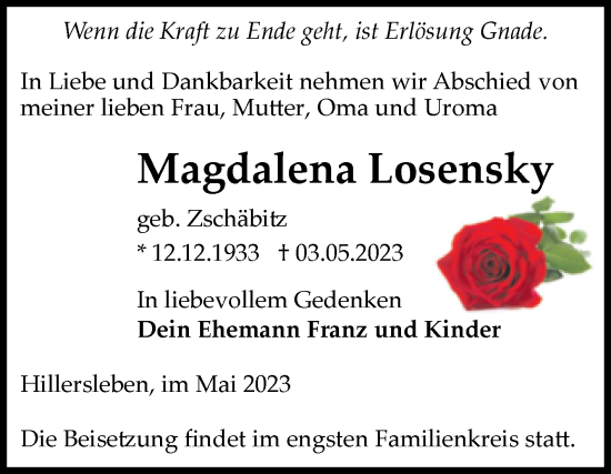 Traueranzeige von Magdalena Losensky von Volksstimme Haldensleben/Wolmirstedt