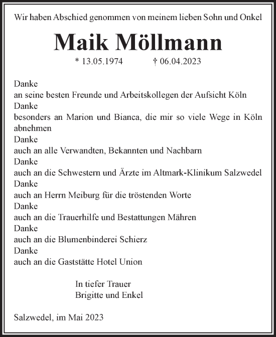 Traueranzeige von Maik Möllmann von Volksstimme Altmark West
