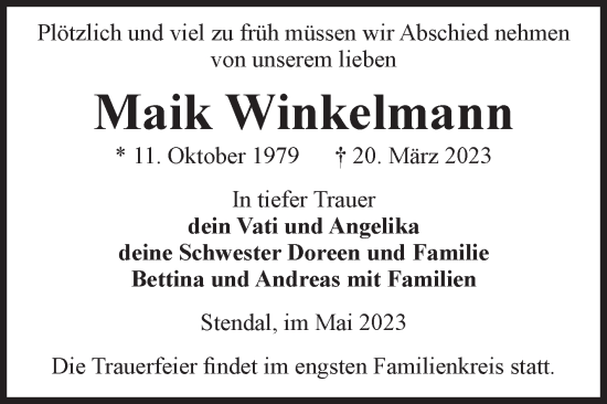Traueranzeige von Maik Winkelmann von Volksstimme Altmark Ost