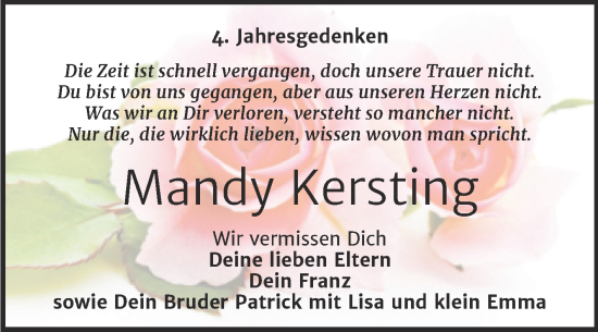 Traueranzeige von Mandy Kersting von Trauerkombi Mansfelder Land