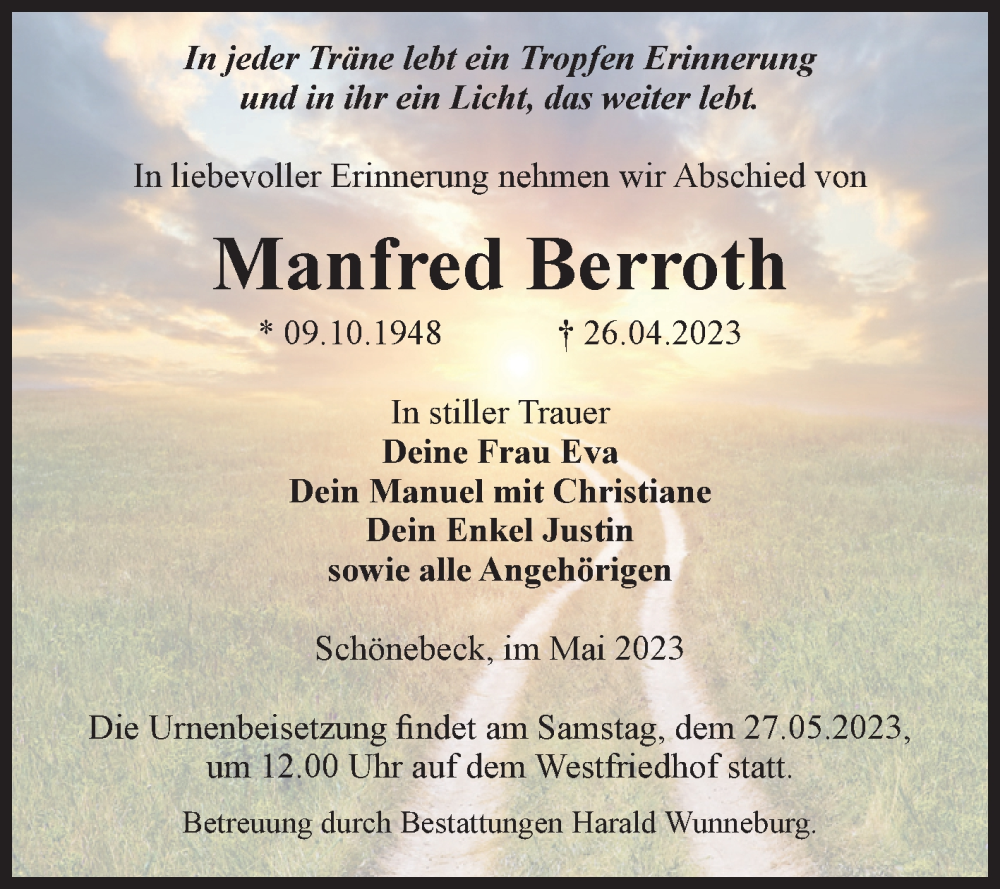  Traueranzeige für Manfred Berroth vom 13.05.2023 aus Volksstimme Schönebeck