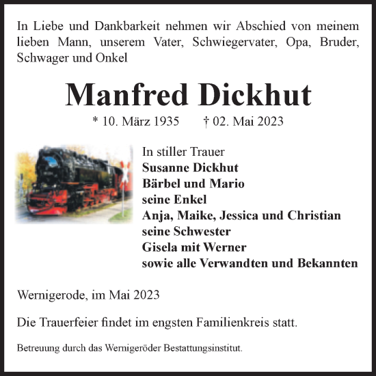 Traueranzeige von Manfred Dickhut von Volksstimme Wernigerode