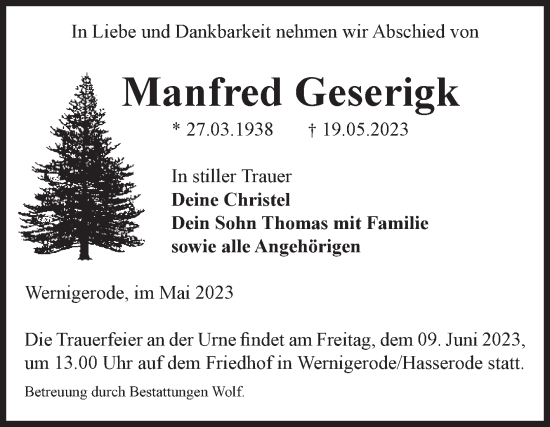 Traueranzeige von Manfred Geserigk von Volksstimme Wernigerode