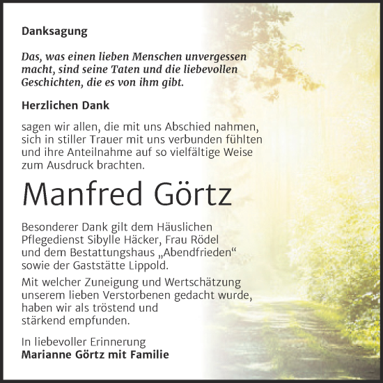Traueranzeige von Manfred Görtz von Trauerkombi Merseburg