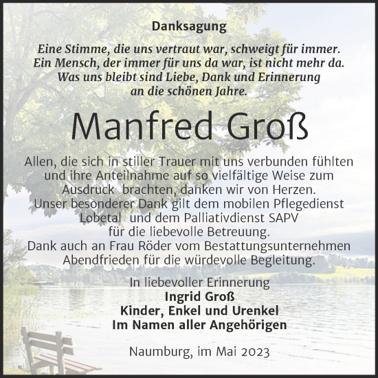 Traueranzeige von Manfred Groß von Wochenspiegel Naumburg/Nebra