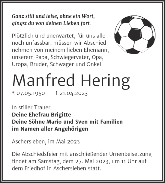 Traueranzeige von Manfred Hering von Trauerkombi Aschersleben