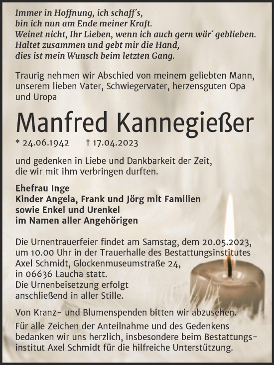 Traueranzeige von Manfred Kannegießer von Wochenspiegel Naumburg/Nebra