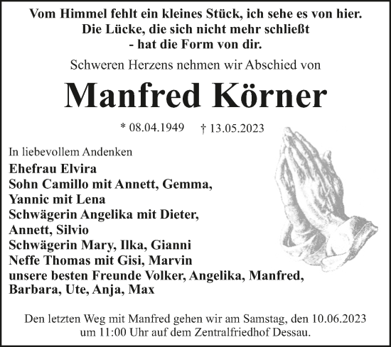 Traueranzeige von Manfred Körner von Trauerkombi Dessau