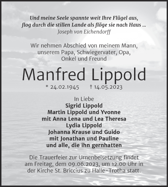 Traueranzeige von Manfred Lippold von Mitteldeutsche Zeitung Halle/Saalkreis