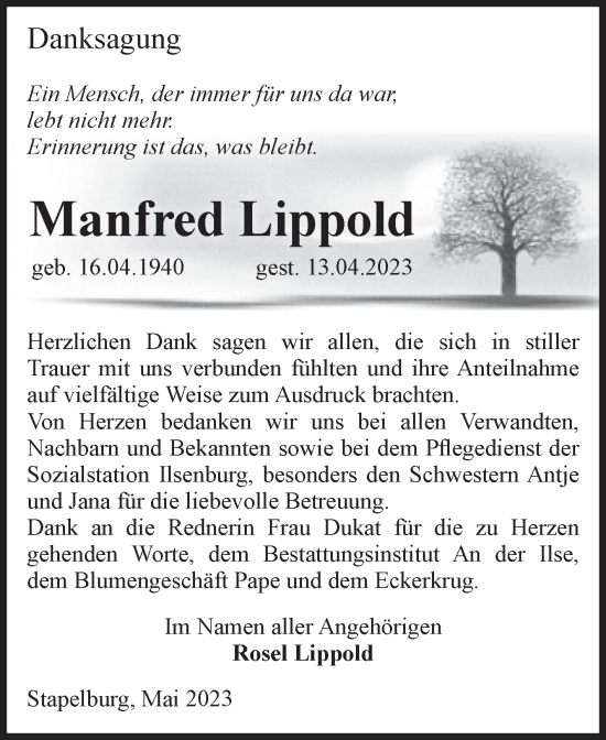 Traueranzeige von Manfred Lippold von Volksstimme Wernigerode