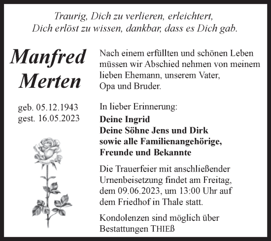 Traueranzeige von Manfred Merten von Trauerkombi Quedlinburg