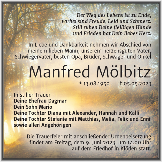 Traueranzeige von Manfred Mölbitz von Trauerkombi Wittenberg