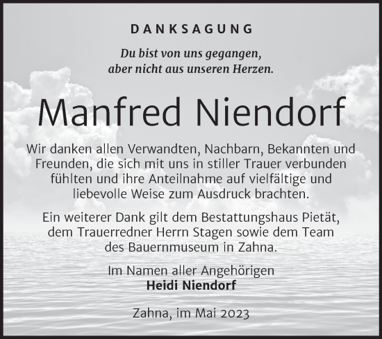 Traueranzeige von Manfred Niendorf von Trauerkombi Wittenberg