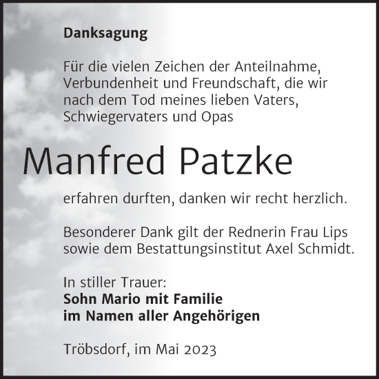 Traueranzeige von Manfred Patzke von Wochenspiegel Naumburg/Nebra