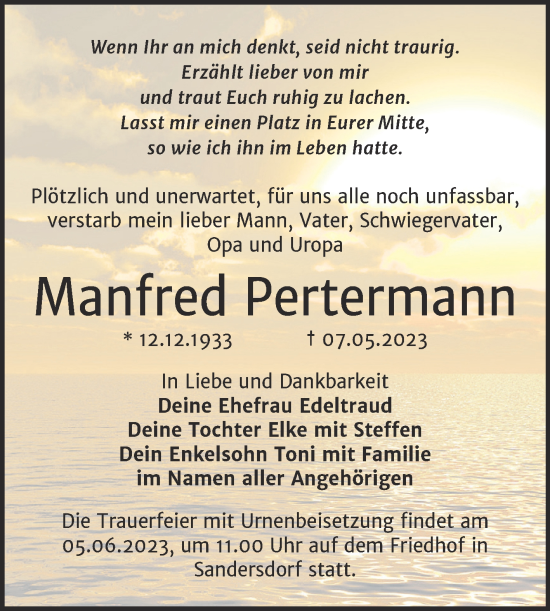Traueranzeige von Manfred Pertermann von Trauerkombi Bitterfeld