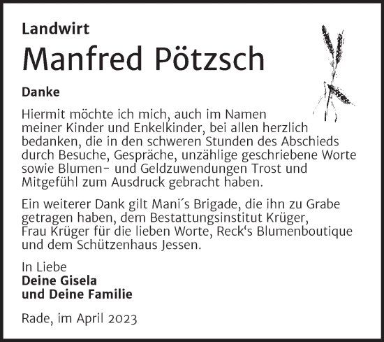 Traueranzeige von Manfred Pötzsch von Trauerkombi Wittenberg