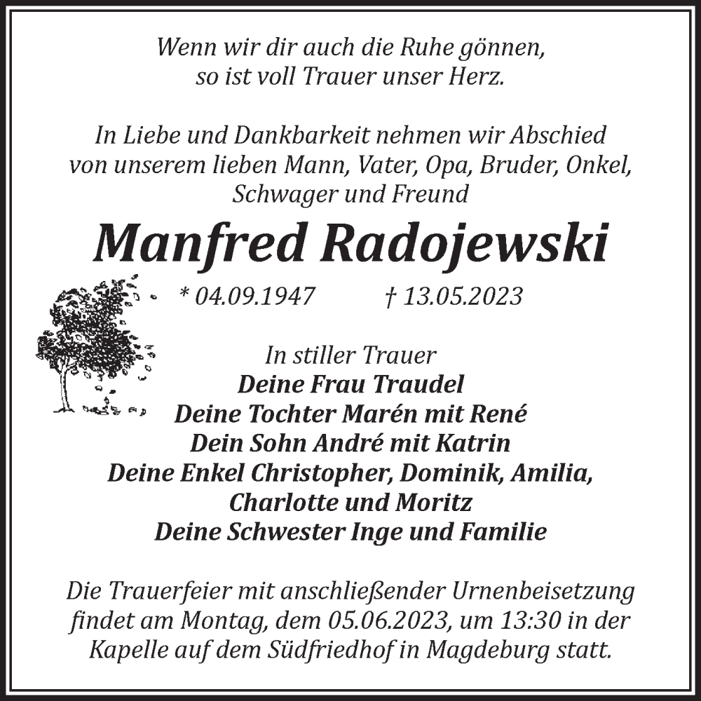  Traueranzeige für Manfred Radojewski vom 27.05.2023 aus Volksstimme Magdeburg