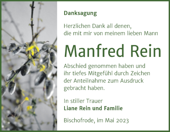 Traueranzeige von Manfred Rein von Trauerkombi Mansfelder Land