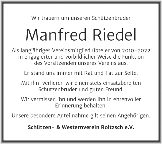 Traueranzeige von Manfred Riedel von Trauerkombi Bitterfeld