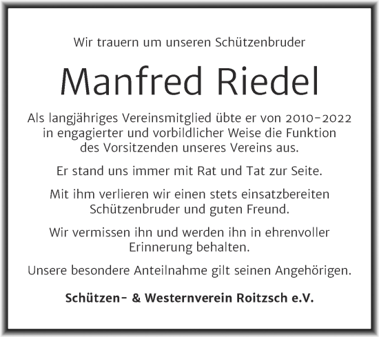 Traueranzeige von Manfred Riedel von Trauerkombi Bitterfeld