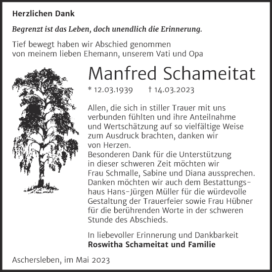 Traueranzeige von Manfred Schameitat von Trauerkombi Aschersleben