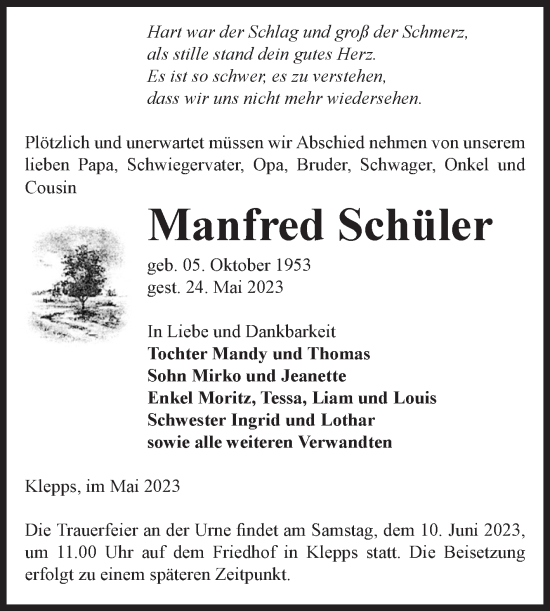 Traueranzeige von Manfred Schüler 
