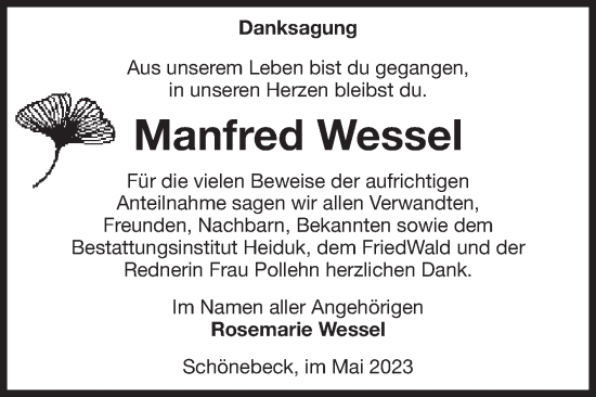 Traueranzeige von Manfred Wessel von Volksstimme Schönebeck