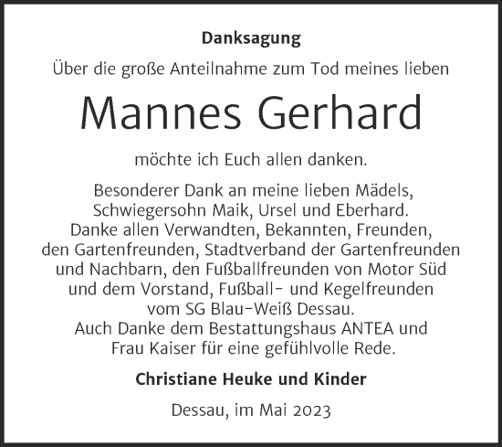 Traueranzeige von Mannes Gerhard von Trauerkombi Dessau