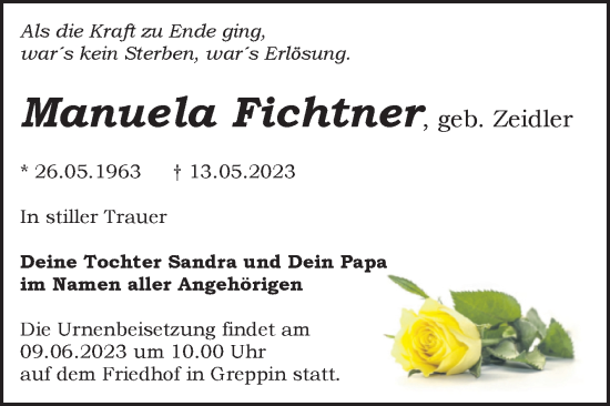 Traueranzeige von Manuela Fichtner von Trauerkombi Bitterfeld