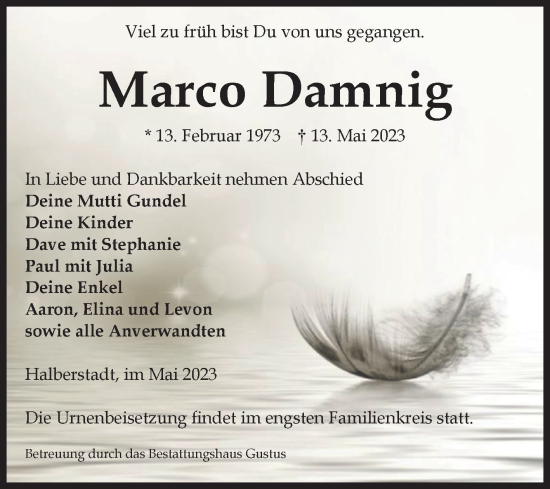 Traueranzeige von Marco Damnig von Volksstimme Halberstadt