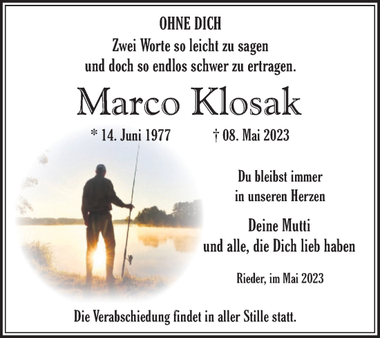 Traueranzeige von Marco Klosak von Trauerkombi Quedlinburg