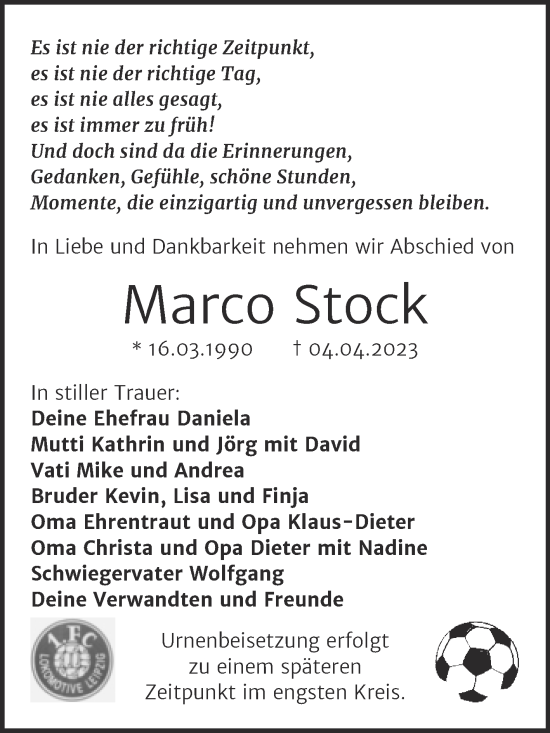 Traueranzeige von Marco Stock von Trauerkombi Weißenfels