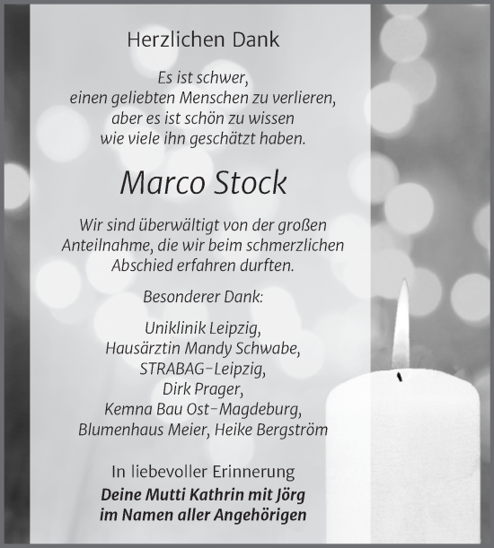 Traueranzeige von Marco Stock von Trauerkombi Weißenfels