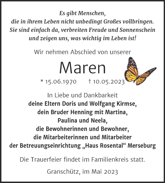 Traueranzeige von Maren  von Trauerkombi Weißenfels