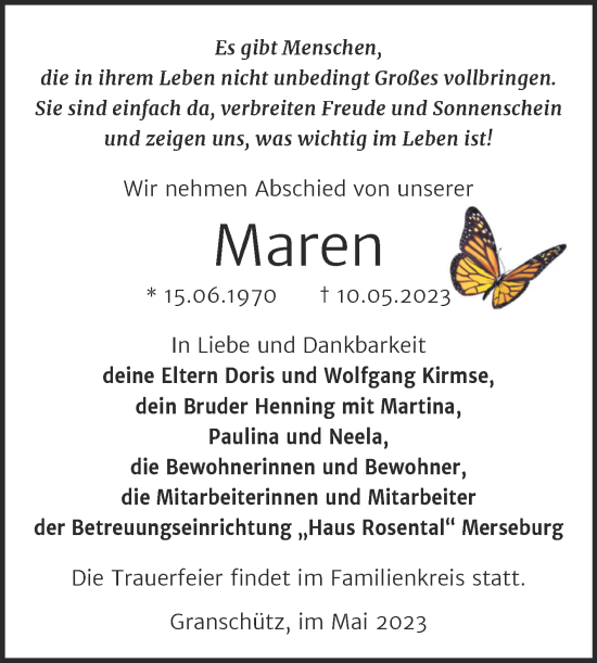 Traueranzeige von Maren Kirmse von Trauerkombi Weißenfels