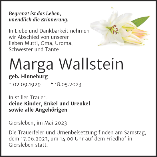 Traueranzeige von Marga Wallstein von Trauerkombi Aschersleben