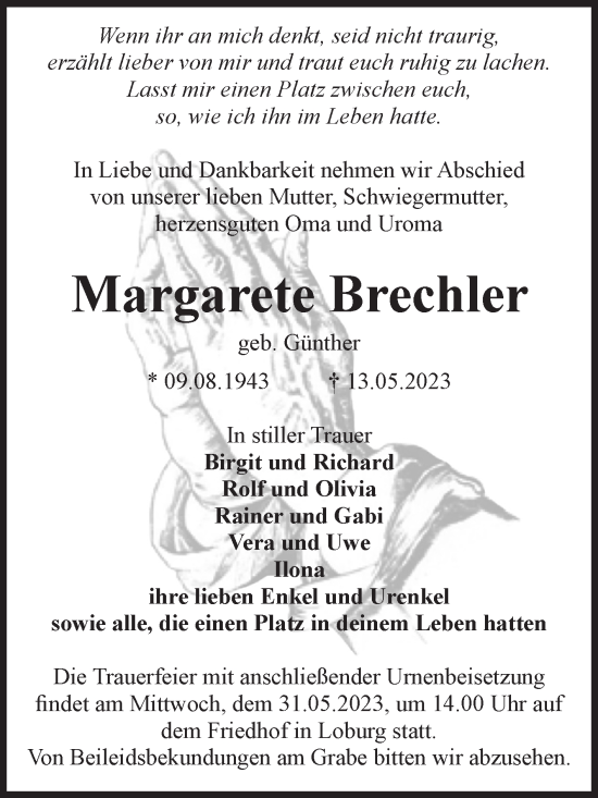 Traueranzeige von Margarete Brechler von Volksstimme Zerbst