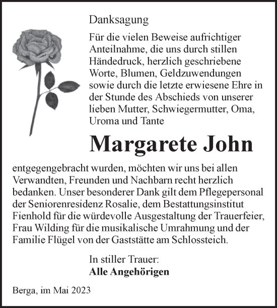 Traueranzeige von Margarete John von Trauerkombi Sangerhausen