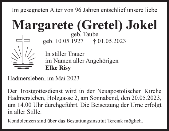 Traueranzeige von Margarete Jokel von Volksstimme Oschersleben/Wanzleben