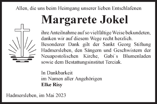 Traueranzeige von Margarete Jokel von Volksstimme Oschersleben/Wanzleben