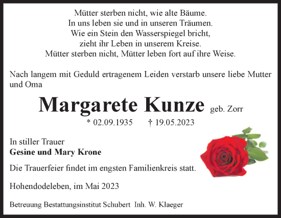 Traueranzeige von Margarete Kunze von Volksstimme Oschersleben/Wanzleben