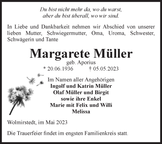 Traueranzeige von Margarete Müller von Volksstimme Haldensleben/Wolmirstedt