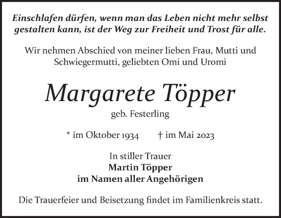 Traueranzeige von Margarete Töpper von Trauerkombi Bitterfeld