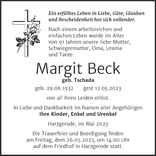Traueranzeige von Margit Beck von Mitteldeutsche Zeitung Quedlingburg