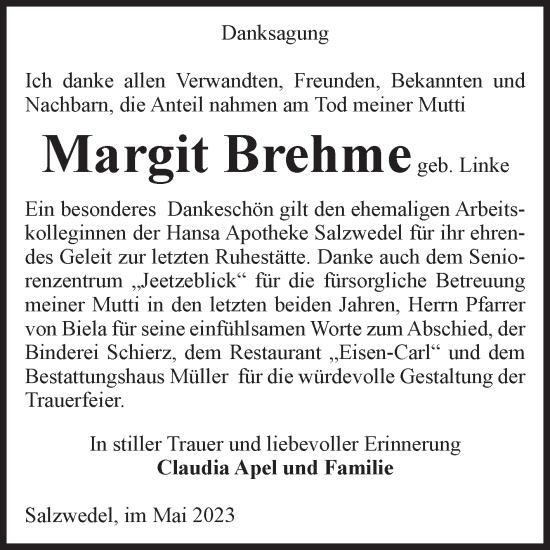 Traueranzeige von Margit Brehme von Volksstimme Altmark West