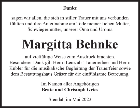 Traueranzeige von Margitta Behnke von Volksstimme Altmark Ost