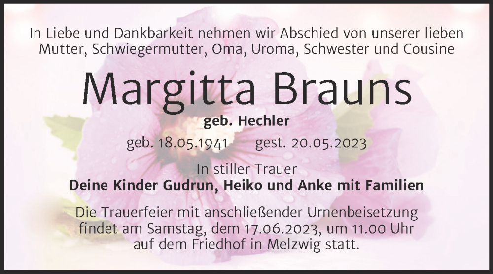  Traueranzeige für Margitta Brauns vom 27.05.2023 aus Trauerkombi Wittenberg