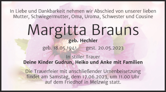 Traueranzeige von Margitta Brauns von Trauerkombi Wittenberg